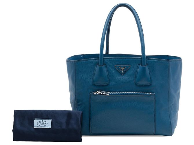 Borsa Shopping Tote Satchel Prada in vitello morbido blu con tasca frontale - vista 7