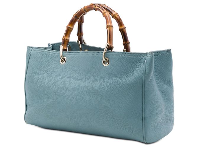 Bamboo Borsa Shopper Satchel Gucci Medium in vitello blu con bambù - vista 2