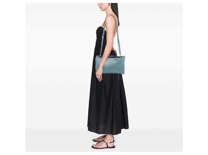 Bamboo Borsa Shopper Satchel Gucci Medium in vitello blu con bambù - vista 6