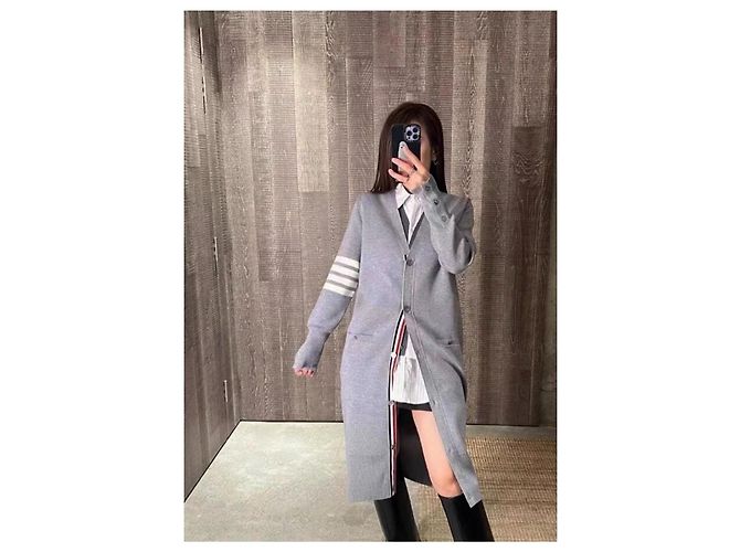 Thom Browne Langer Cardigan 4-Bar Streifen Wolle Grau Mehrfarben - Ansicht 5