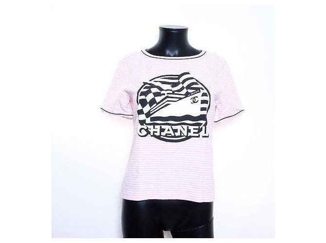T-shirt Chanel a righe rosa e bianche con logo Nero Bianco - vista 3