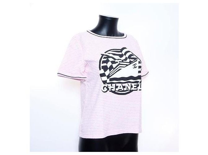 T-shirt Chanel a righe rosa e bianche con logo Nero Bianco - vista 4