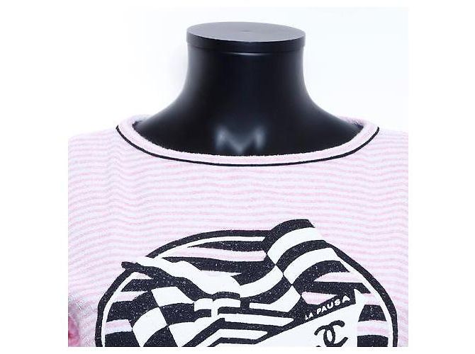 T-shirt Chanel a righe rosa e bianche con logo Nero Bianco - vista 6