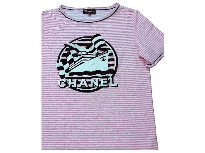 T-shirt Chanel a righe rosa e bianche con logo Nero Bianco - vista 7