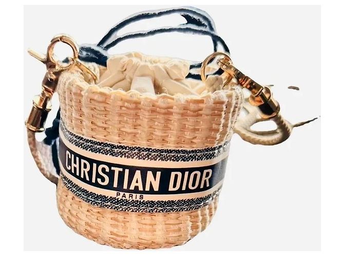 Dior Mini Borsa a Secchiello in Rafia Beige Paglia - vista 2