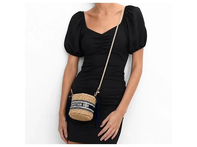 Dior Mini Borsa a Secchiello in Rafia Beige Paglia - vista 5