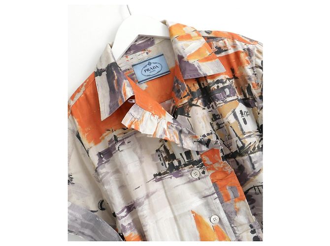 Prada Hemdenkleid mit Mittelmeer-Print Schwarz Weiß Orange Grau - Ansicht 6