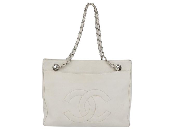 CHANEL Chain Shoulder Bag Caviar Skin White Silver CC - vista 13