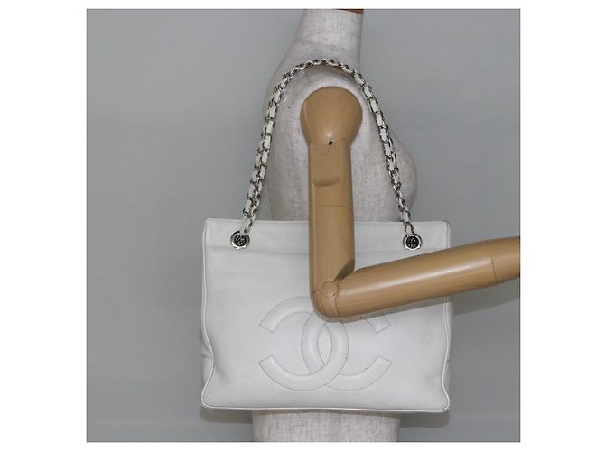 CHANEL Chain Shoulder Bag Caviar Skin White Silver CC - vista 25