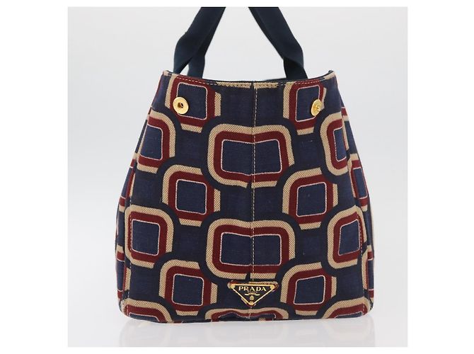 PRADA Canapa L Hand Bag Canvas Navy Gold - vista 3