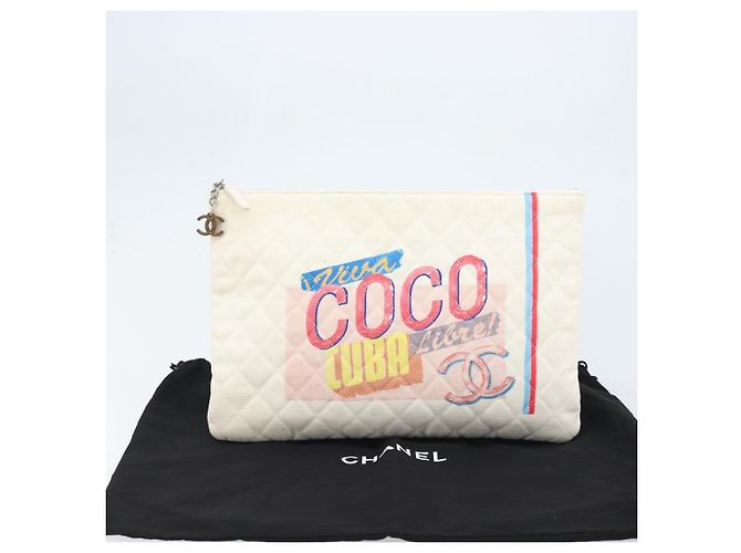 CHANEL Matelasse Clutch Bag Canvas White Silver CC - vista 12