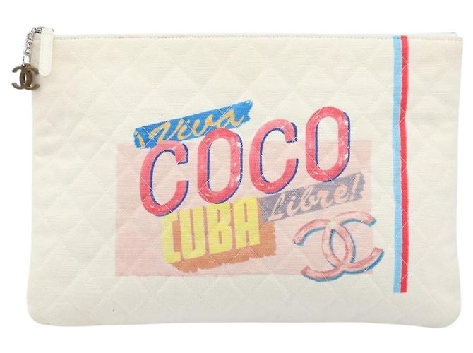 CHANEL Matelasse Clutch Bag Canvas White Silver CC - vista 13