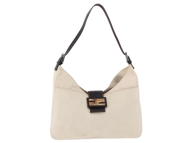 FENDI Mamma Baguette Shoulder Bag Canvas White Silver - vista 13