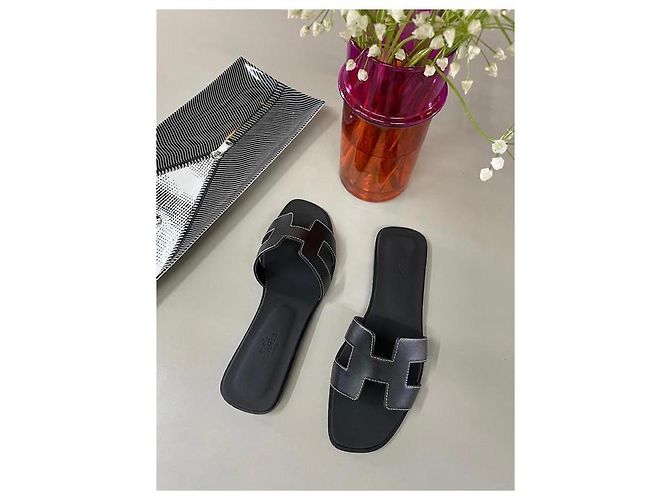 Hermès Oran Sandali Pelle Nera Nero - vista 5