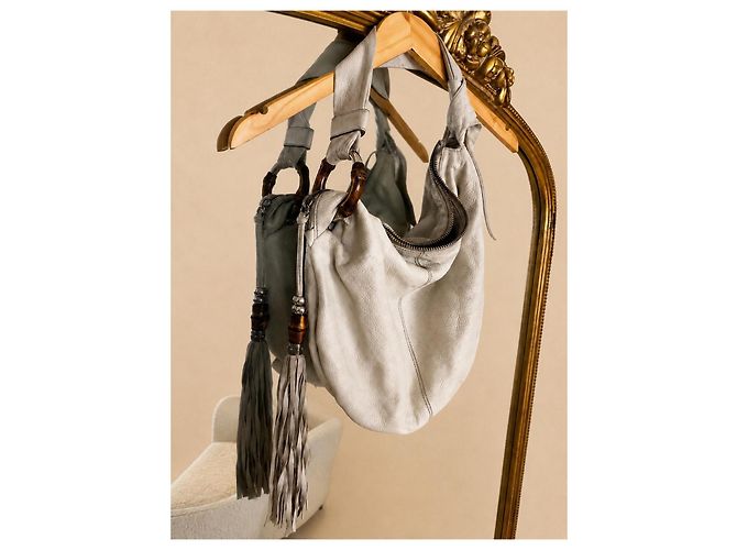 Gucci Bolso de mano de cuero blanco con flecos y detalles de bambú - vista 6