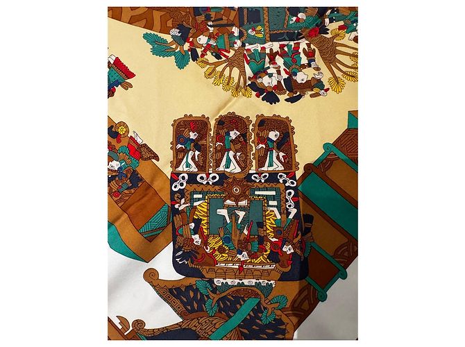 Hermès Carré di seta "Astres et Soleils" Marrone Bianco Rosso Verde Giallo Gold hardware - vista 5