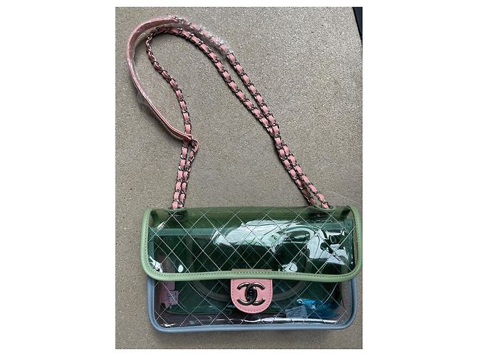 Borsa Chanel Timeless Flap in PVC trasparente e pelle Rosa Bianco Verde Grigio - vista 5
