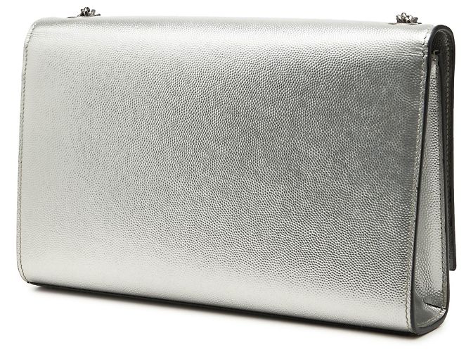 Saint Laurent Silver Medium Metallic Grain De Poudre Monogram Kate Crossbody Argento - vista 2