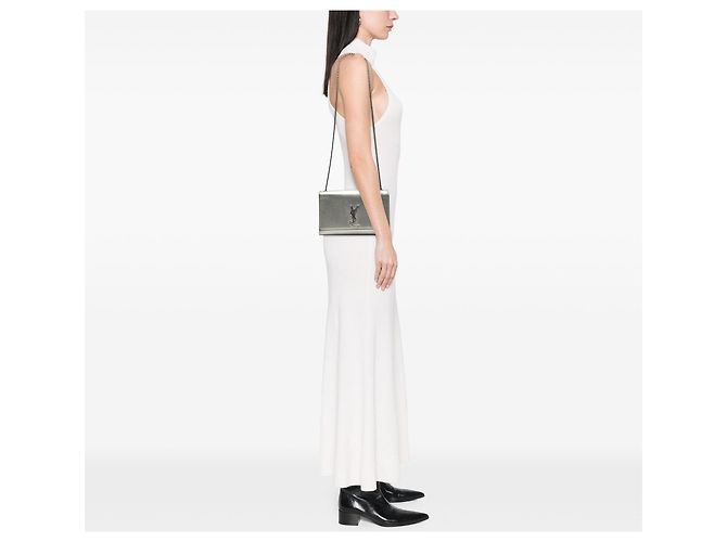 Saint Laurent Silver Medium Metallic Grain De Poudre Monogram Kate Crossbody Argento - vista 6