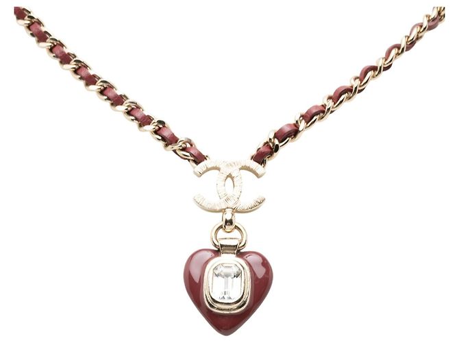 Collana Chanel Gold CC Placcata Oro e Pelle Intrecciata con Pendente a Cuore in Resina e Cristalli D'oro - vista 2