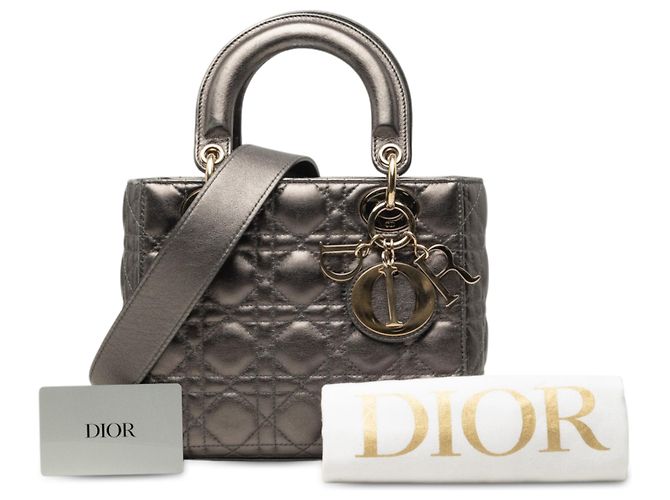 Dior Gray Small Metallic Lambskin Cannage My ABCDior Lady Dior Marrone Grigio antracite - vista 9