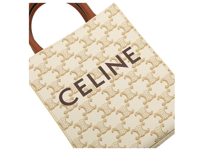 Céline Celine Bolso Satchel Vertical Mini Triomphe de lona revestida blanca Blanco Crudo - vista 5