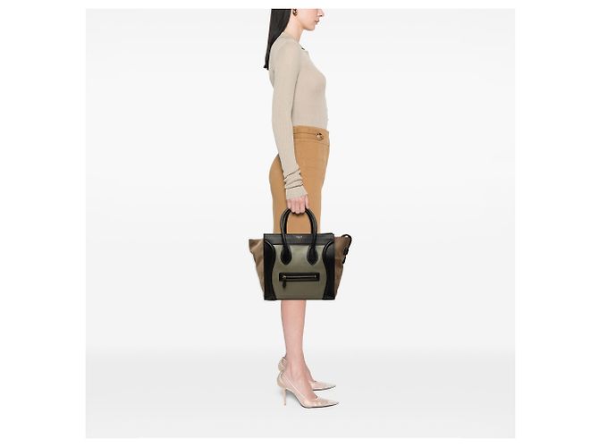 Céline Celine Mini Luggage Tote in pelle di vitello tricolore e camoscio marrone Cachi - vista 6
