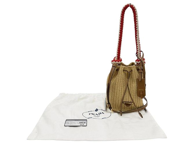 Mini borsa secchiello Prada in crochet effetto rafia beige - vista 12
