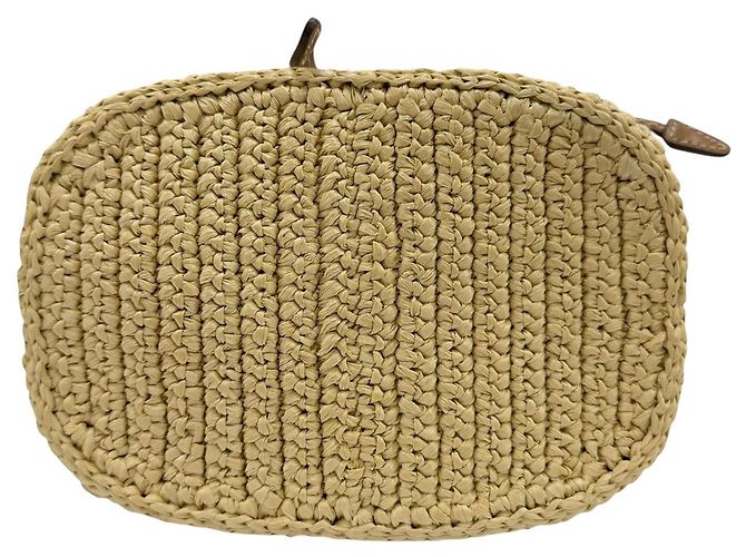 Mini borsa secchiello Prada in crochet effetto rafia beige - vista 3