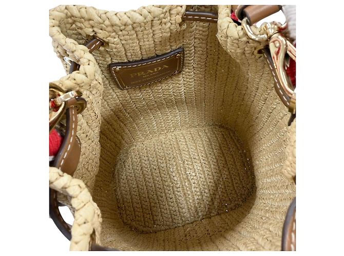 Mini borsa secchiello Prada in crochet effetto rafia beige - vista 4