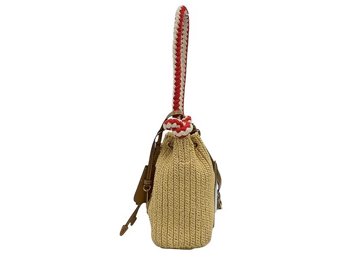 Mini borsa secchiello Prada in crochet effetto rafia beige - vista 8