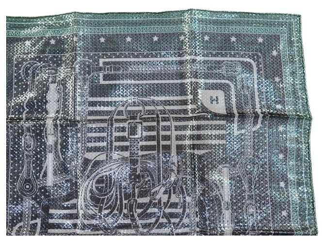 Hermès NUOVO BANDANA HERMES FOULARD 55CM DISCO COACHING SETA & METALLIZZATO NERO VERDE SCARF - vista 3