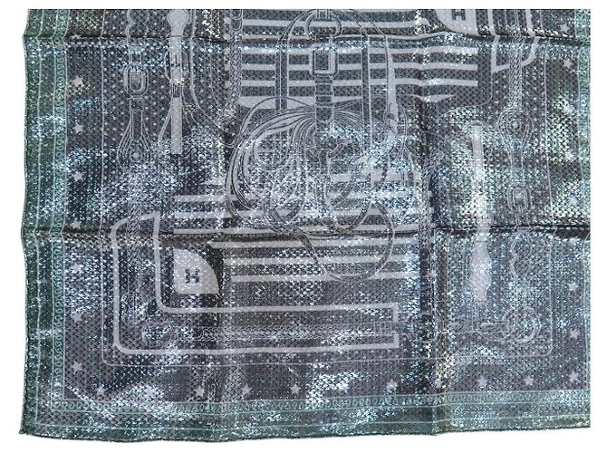 Hermès NUOVO BANDANA HERMES FOULARD 55CM DISCO COACHING SETA & METALLIZZATO NERO VERDE SCARF - vista 4