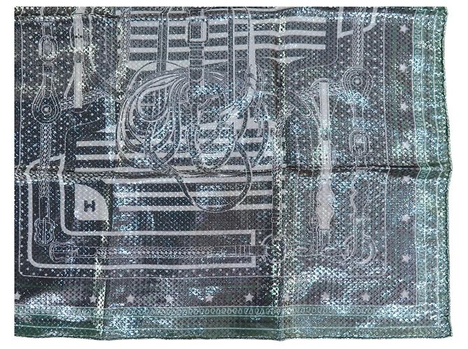 Hermès NUOVO BANDANA HERMES FOULARD 55CM DISCO COACHING SETA & METALLIZZATO NERO VERDE SCARF - vista 5