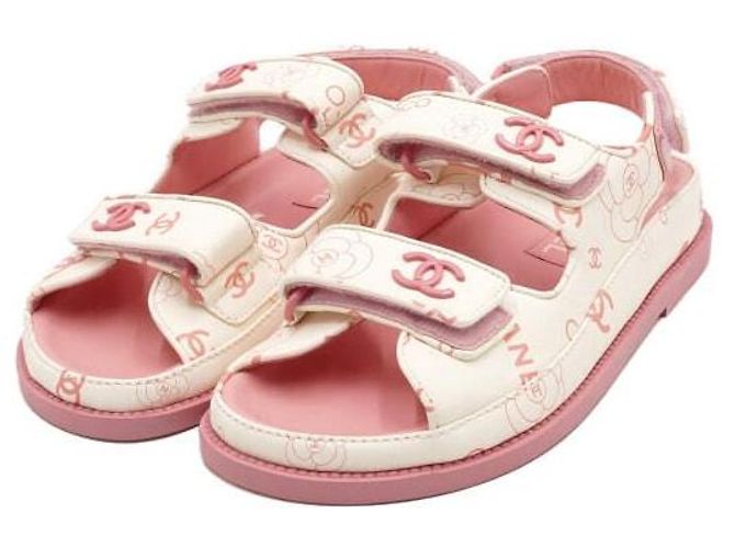 Chanel Sandali da donna in pelle CC Velcro White Pink Camellia Bianco - vista 3