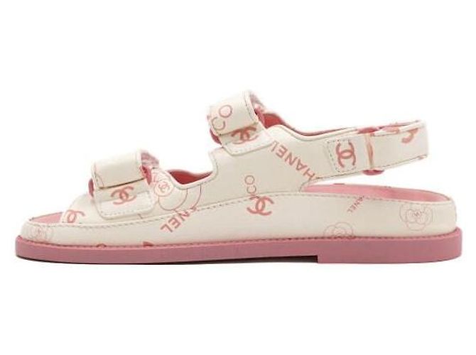 Chanel Sandali da donna in pelle CC Velcro White Pink Camellia Bianco - vista 4