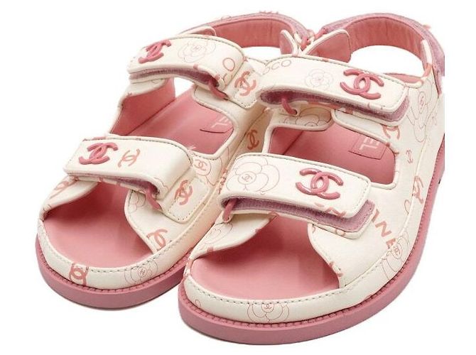 Chanel Sandali da donna in pelle CC Velcro White Pink Camellia Bianco - vista 6