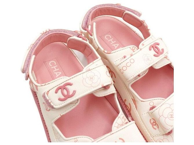 Chanel Sandali da donna in pelle CC Velcro White Pink Camellia Bianco - vista 7
