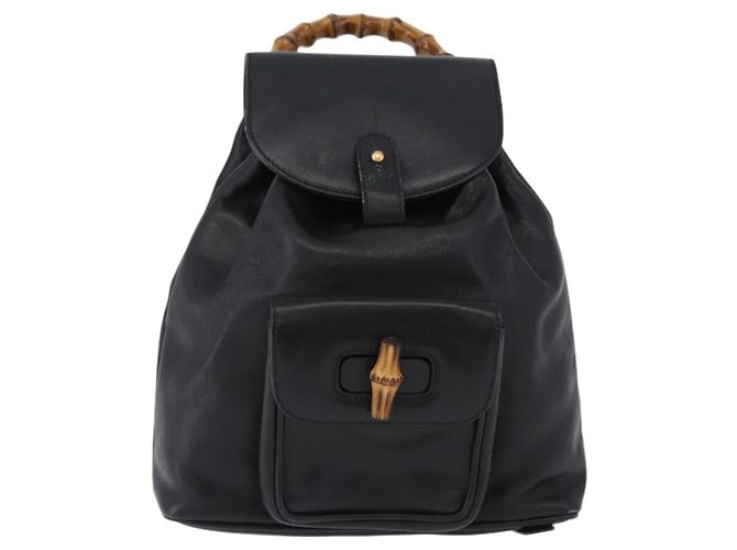 GUCCI Bamboo Backpack Leather Black Gold Tone 003 1705 0030 - vista 2