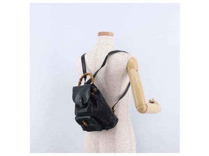 GUCCI Bamboo Backpack Leather Black Gold Tone 003 1705 0030 - vista 25
