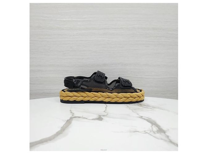 Chanel Sandali in mesh e rafia con Velcro Nero - vista 4
