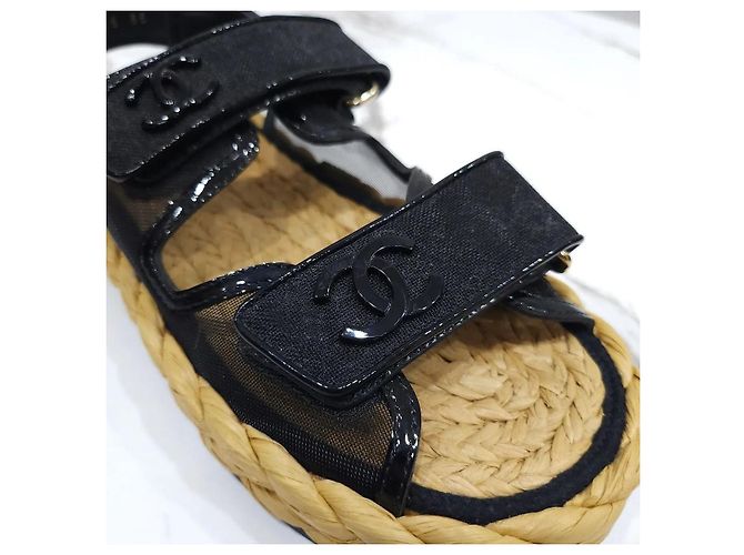 Chanel Sandali in mesh e rafia con Velcro Nero - vista 5