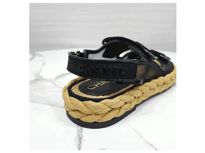 Chanel Sandali in mesh e rafia con Velcro Nero - vista 6