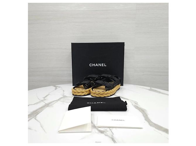 Chanel Sandali in mesh e rafia con Velcro Nero - vista 7