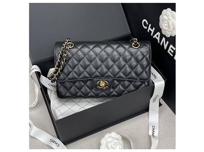 Chanel Borsa Classic Flap Medium Black Gold Caviar Nero - vista 2