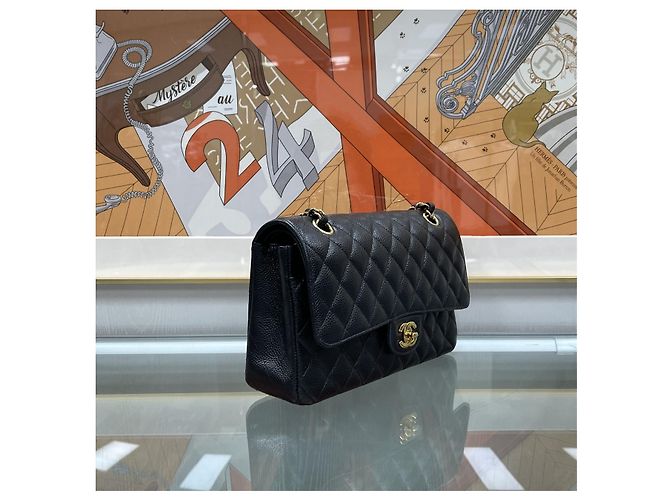 Chanel Borsa Classic Flap Medium Black Gold Caviar Nero - vista 6
