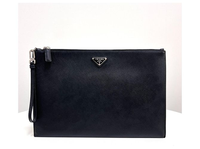 Prada Clutch con tracolla in Saffiano con logo triangolare Nero - vista 2