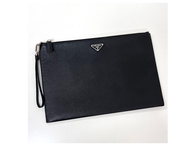 Prada Clutch con tracolla in Saffiano con logo triangolare Nero - vista 3