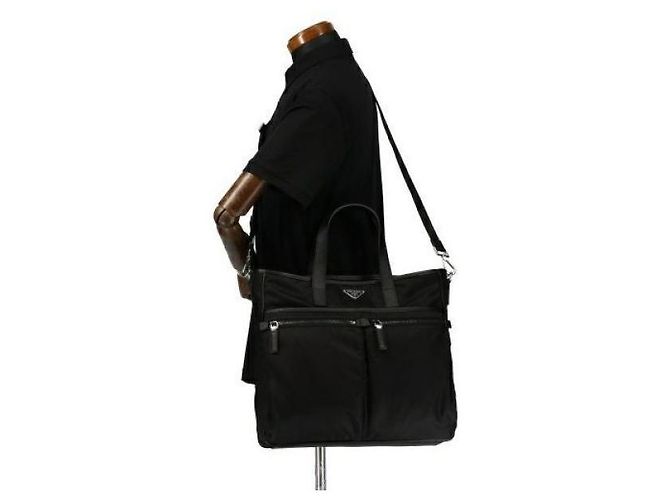 Prada Borsa tote in nylon e pelle Saffiano Nero - vista 11