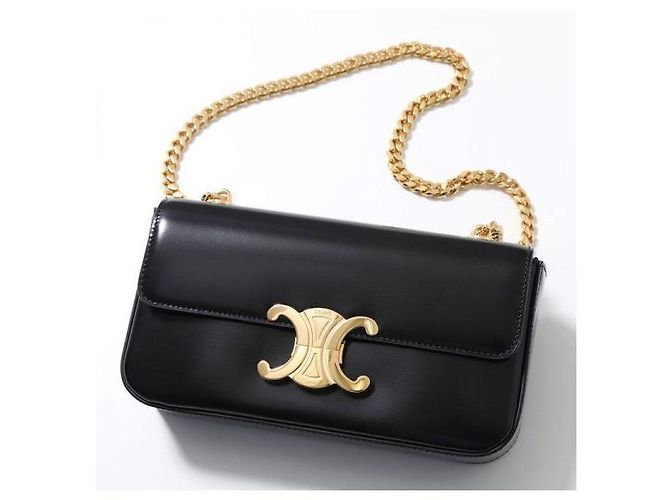 Céline Borsa a tracolla con catena in vitello lucido Nero - vista 3
